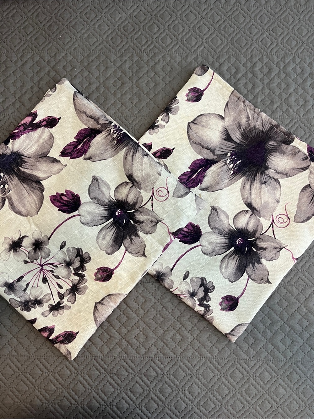(2) 18x18 Floral Linen-Texture pillow covers in Ivory, Gray & Plum